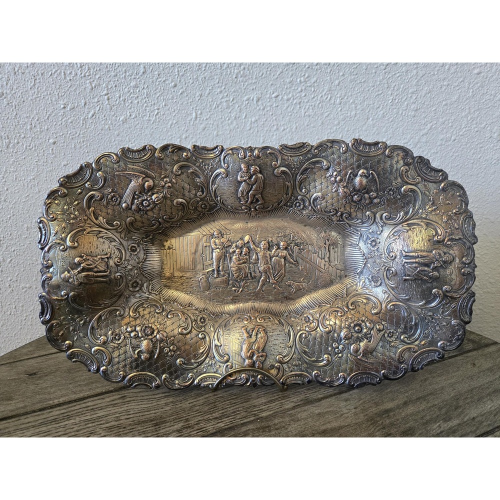 Antique Silver on Copper Dutch Revival Repousse People Tavern Courtyard Bowl